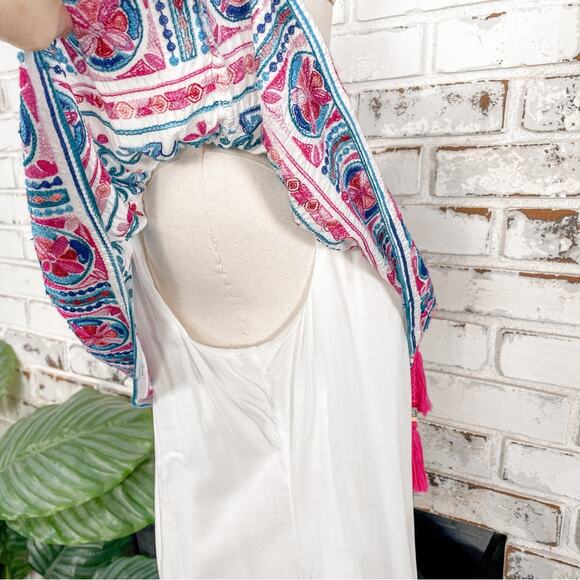 K. Jordan Bright Pink & Blue Embroidered Floral Off Shoulder Tassel Boho Top M - Picture 8 of 10
